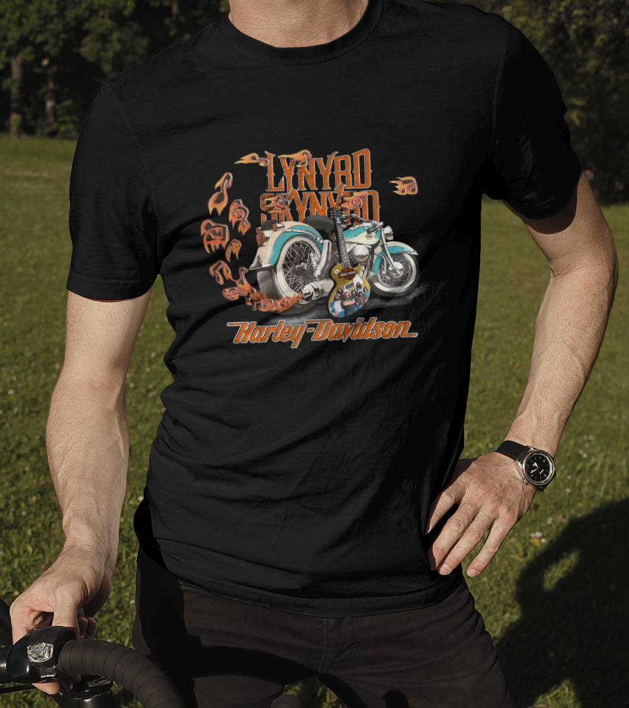 Lynyrd Skynyrd And Harley Davidson Motorcycle With Guitar And Flames T-Shirt