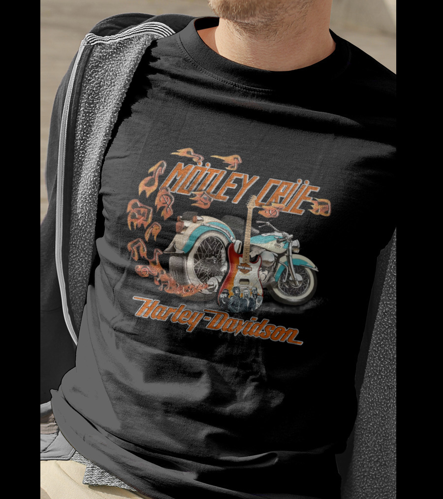 Motley Crue Harley Davidson Motorcycle With Electric Guitar And Flames T-Shirt