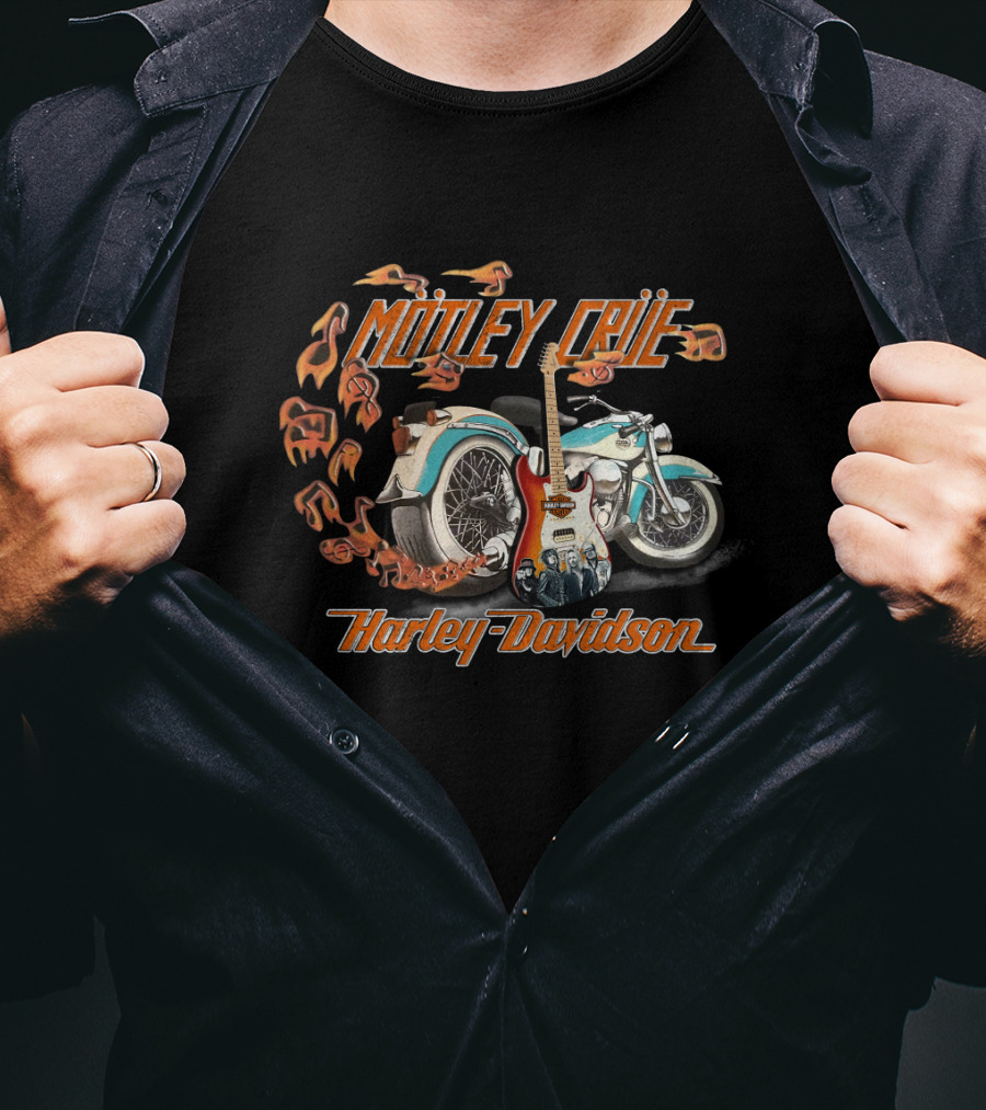 Motley Crue Harley Davidson Motorcycle With Electric Guitar And Flames T-Shirt