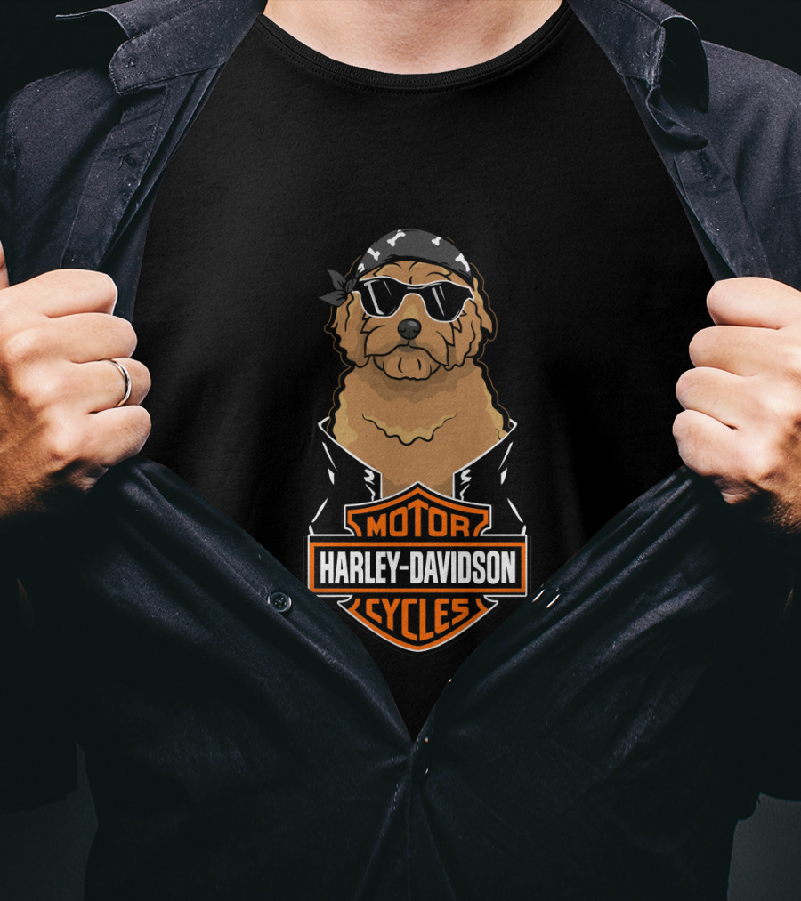 Harley Davidson Motor Cycles Goldendoodle With Sunglasses And Bandana T-Shirt