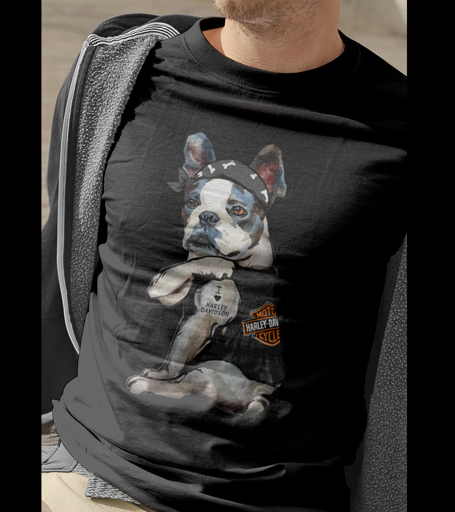 I Love Harley Davidson Boston Terrier Motorcycle Rider Theme T-Shirt