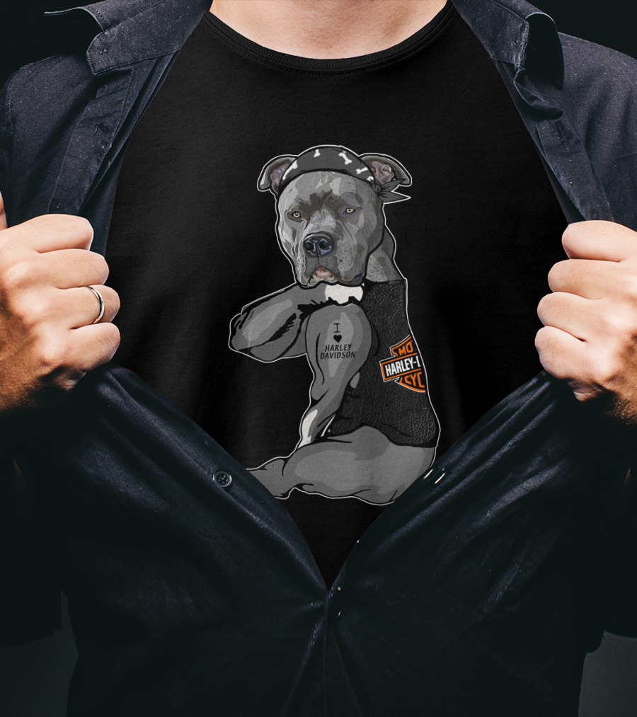Harley Davidson Pitbull Wearing Bandana And Vest T-Shirt