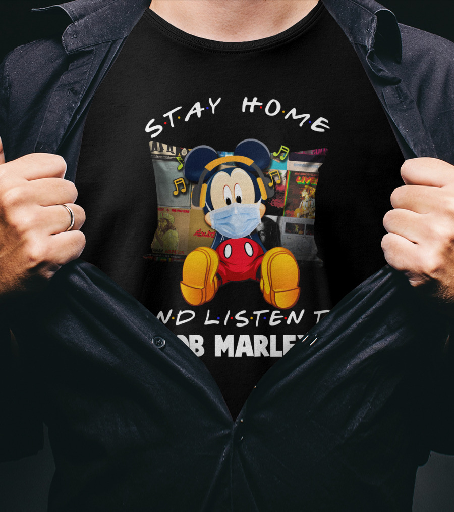 Stay Home And Listen To Bob Marley Mickey Mouse Masked Headphones T-Shirt