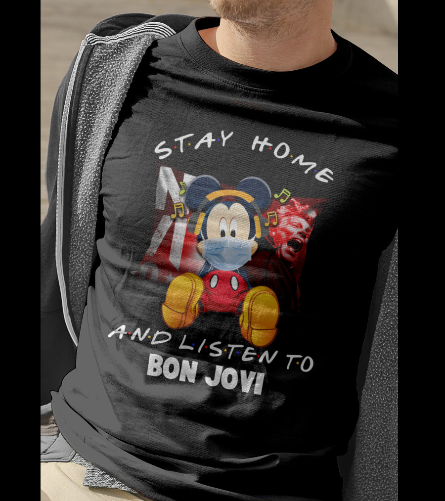 Stay Home And Listen To Bon Jovi Mickey Mouse Masked Music Notes T-Shirt