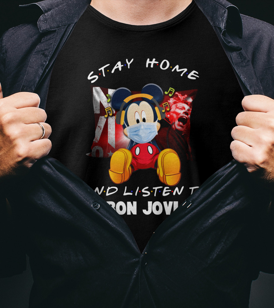 Stay Home And Listen To Bon Jovi Mickey Mouse Masked Music Notes T-Shirt