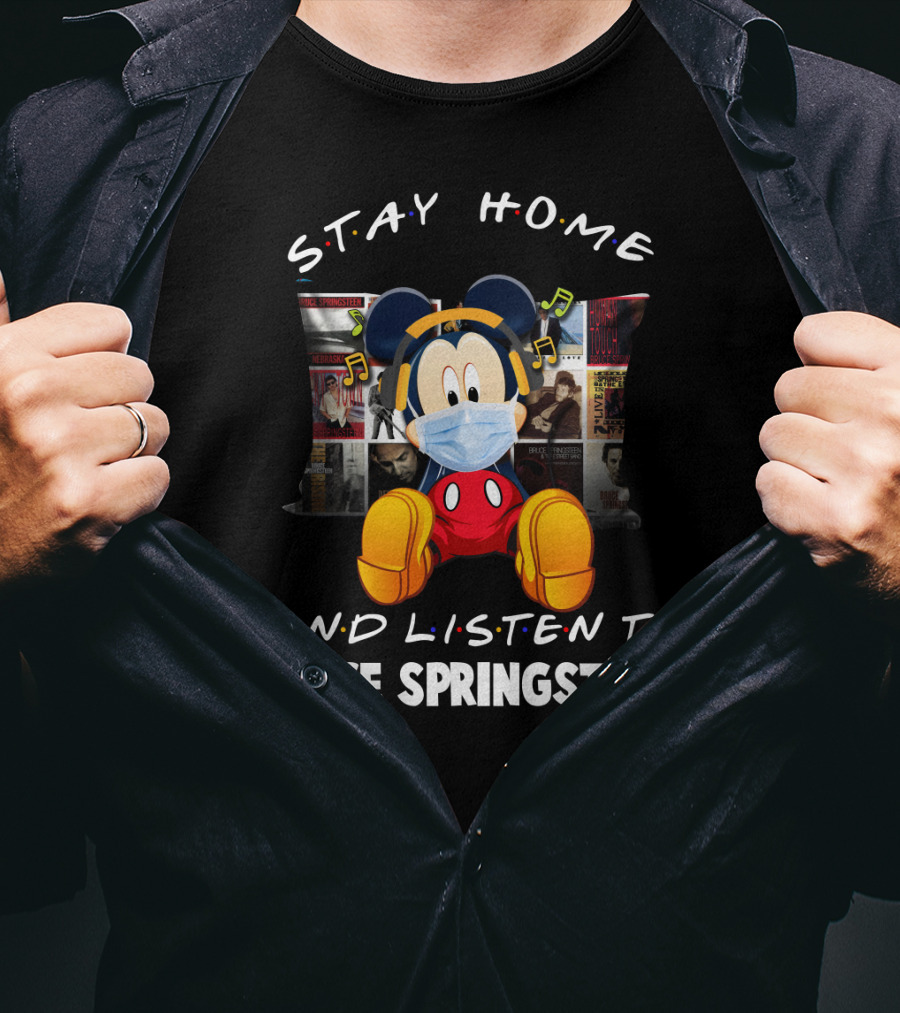 Stay Home And Listen To Bruce Springsteen Mickey Mouse Masked Headphones T-Shirt