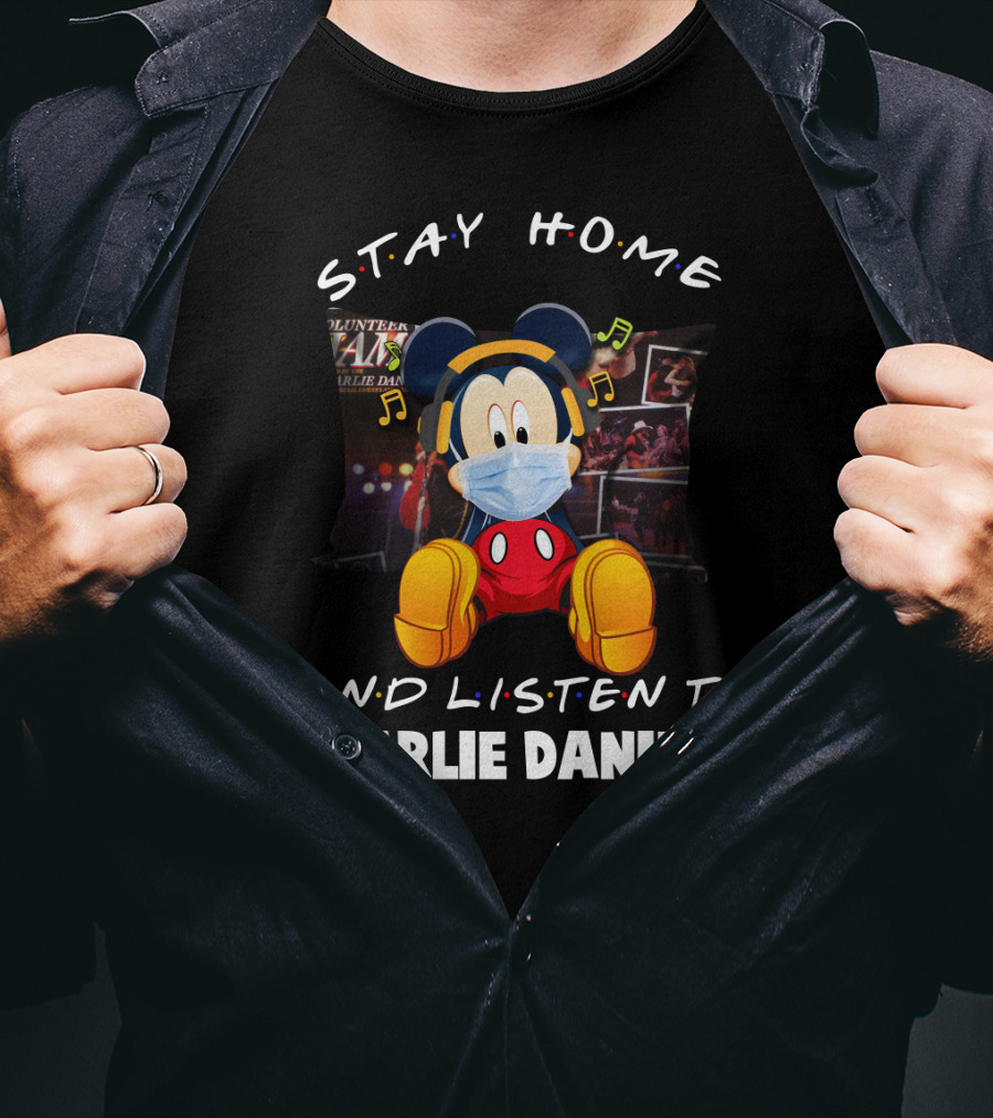 Stay Home And Listen To Charlie Daniels Mickey Mouse Mask And Headphones T-Shirt