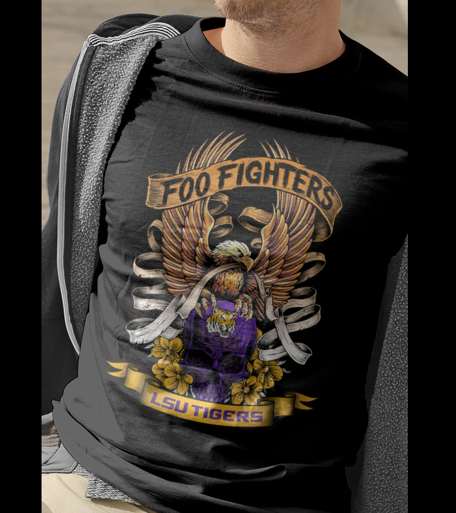 Foo Fighters Lsu Tigers Eagle Skull Floral Banner T-Shirt