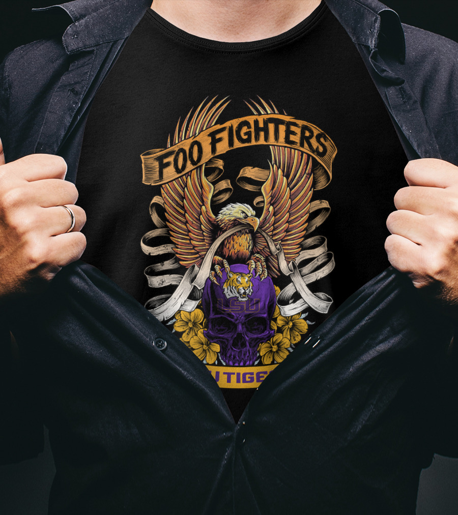 Foo Fighters Lsu Tigers Eagle Skull Floral Banner T-Shirt