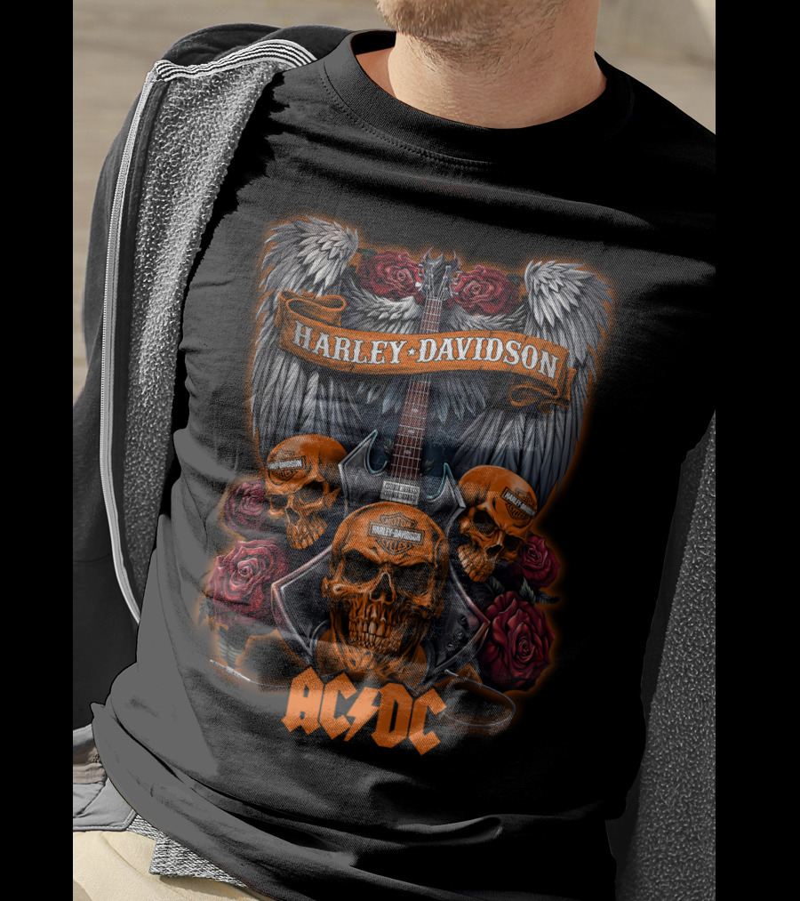 Harley Davidson Skulls Guitar Acdc Wings Roses T-Shirt