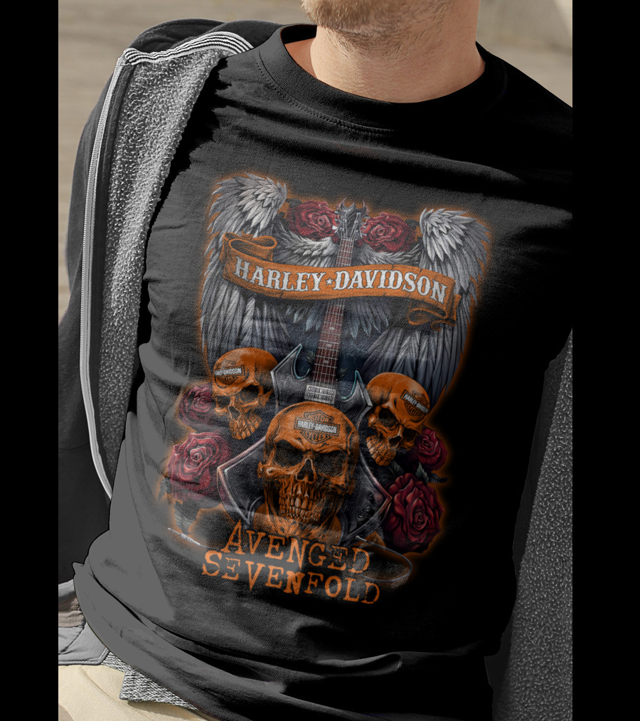 Harley Davidson Avenged Sevenfold Skull Wings Guitar Roses T-Shirt