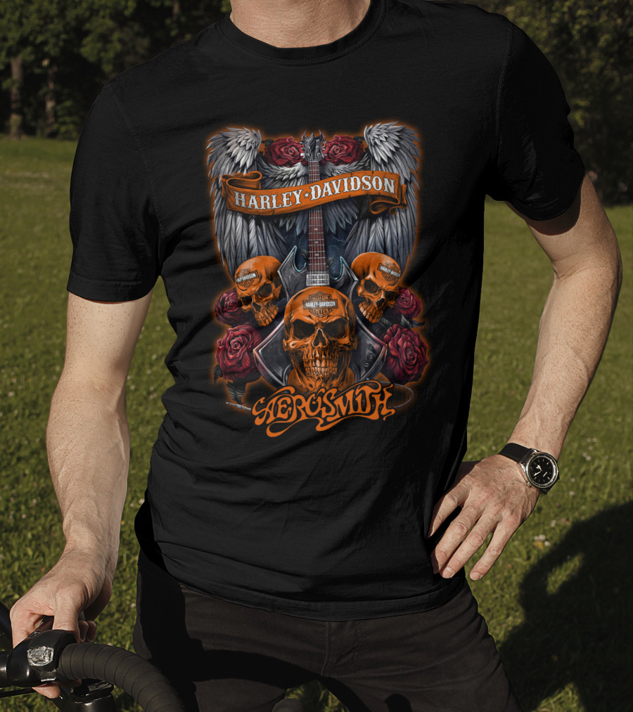 Harley Davidson Aerosmith Skulls Guitar Wings Roses T-Shirt