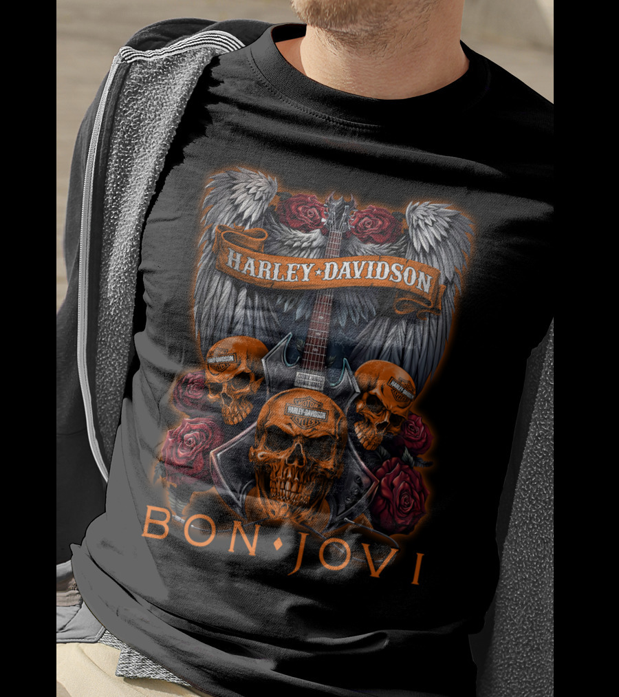 Bon Jovi Harley Davidson Skulls Guitar Wings Roses T-Shirt