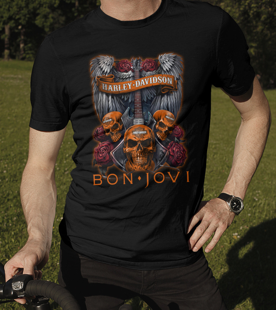 Bon Jovi Harley Davidson Skulls Guitar Wings Roses T-Shirt