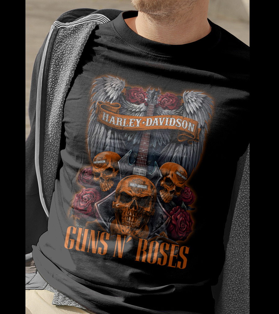 Harley Davidson Guns N' Roses Skulls Wings Roses Guitar T-Shirt