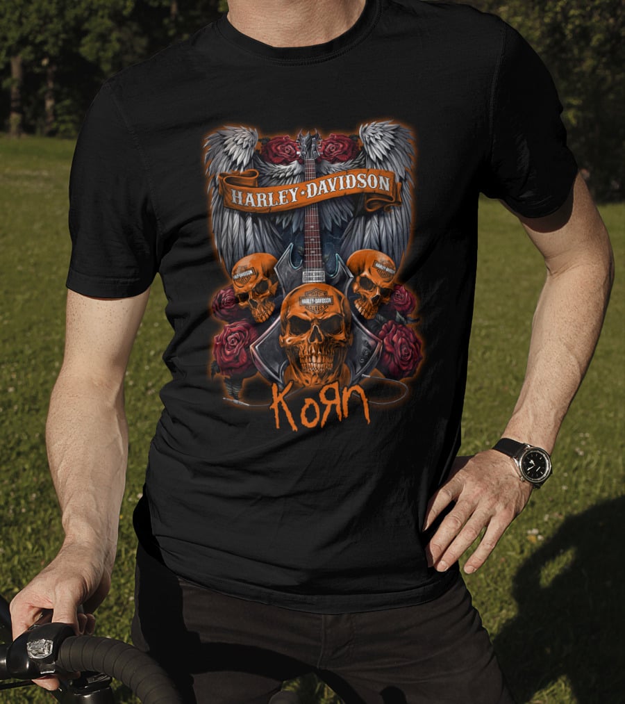 Korn Harley Davidson Skull Wings Guitar Roses T-Shirt