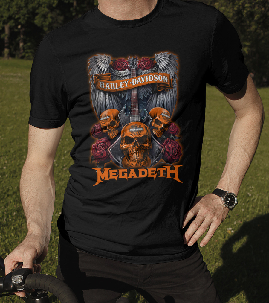 Megadeth Harley Davidson Skulls And Guitar Wings Roses T-Shirt