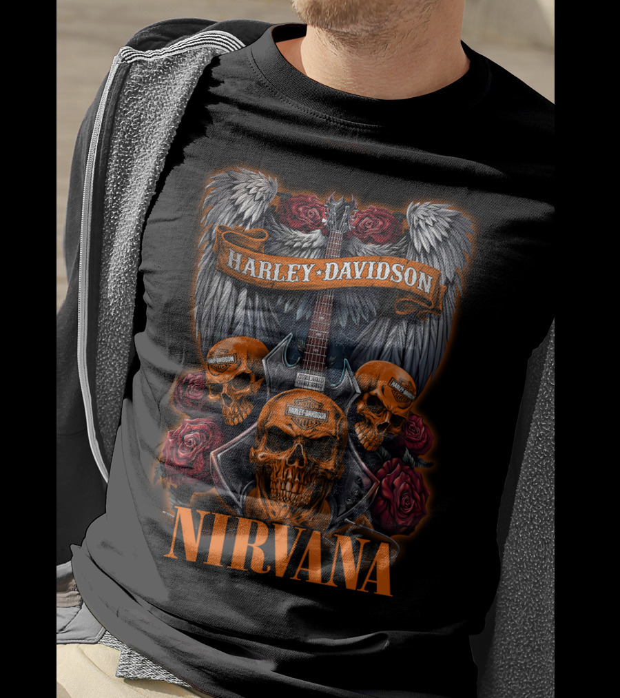 Nirvana Harley Davidson Skulls And Guitars With Wings And Roses T-Shirt