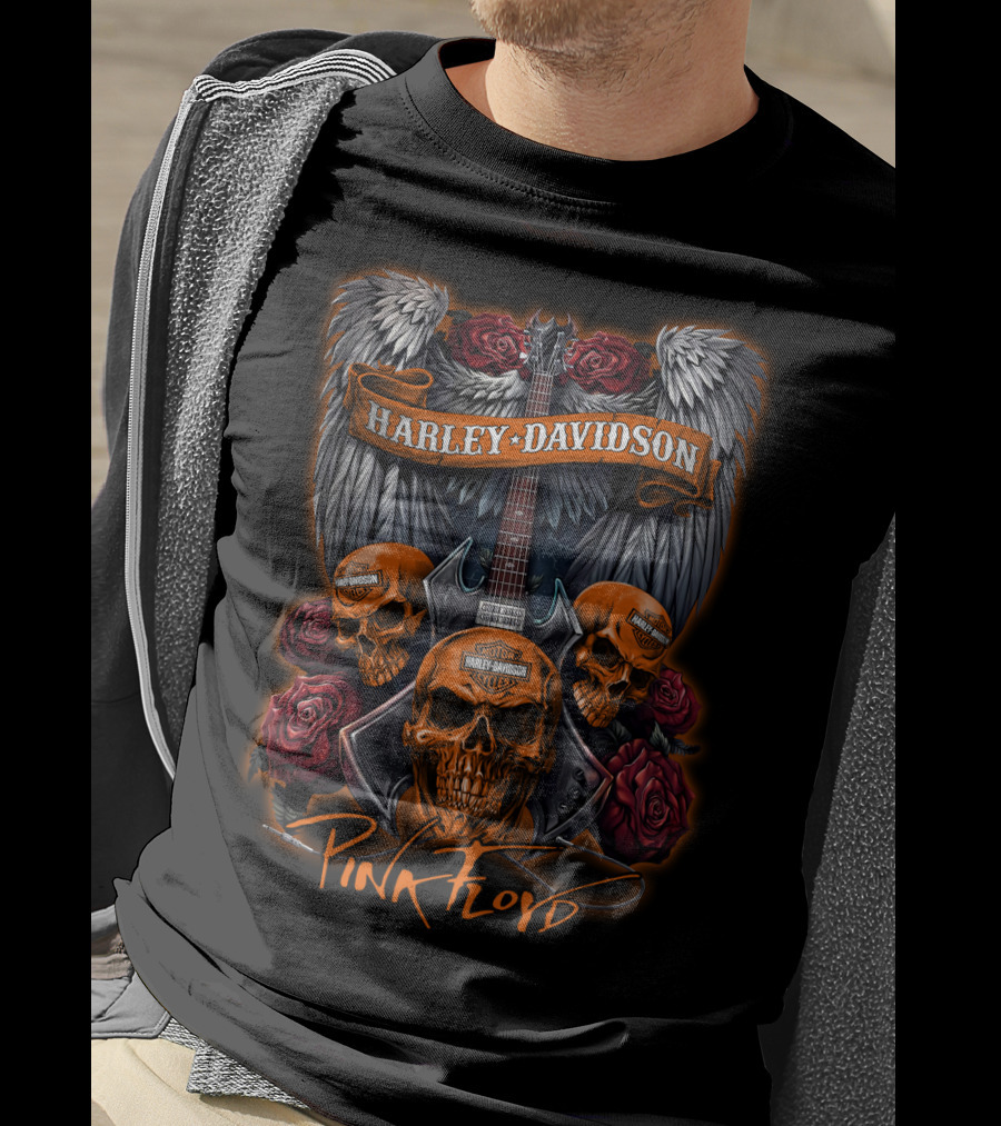 Pink Floyd Harley Davidson Skull Guitar Wings Roses T-Shirt