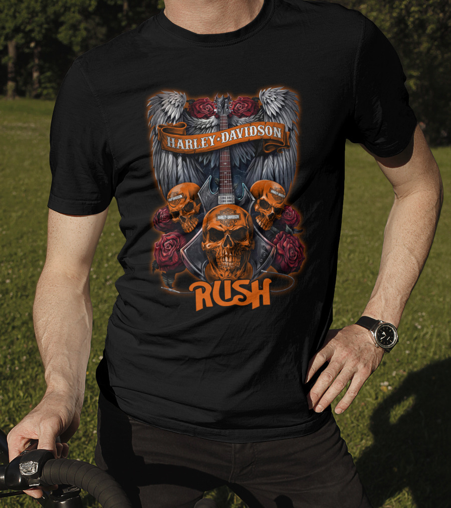 Harley Davidson Rush Skulls And Guitar With Wings And Roses T-Shirt
