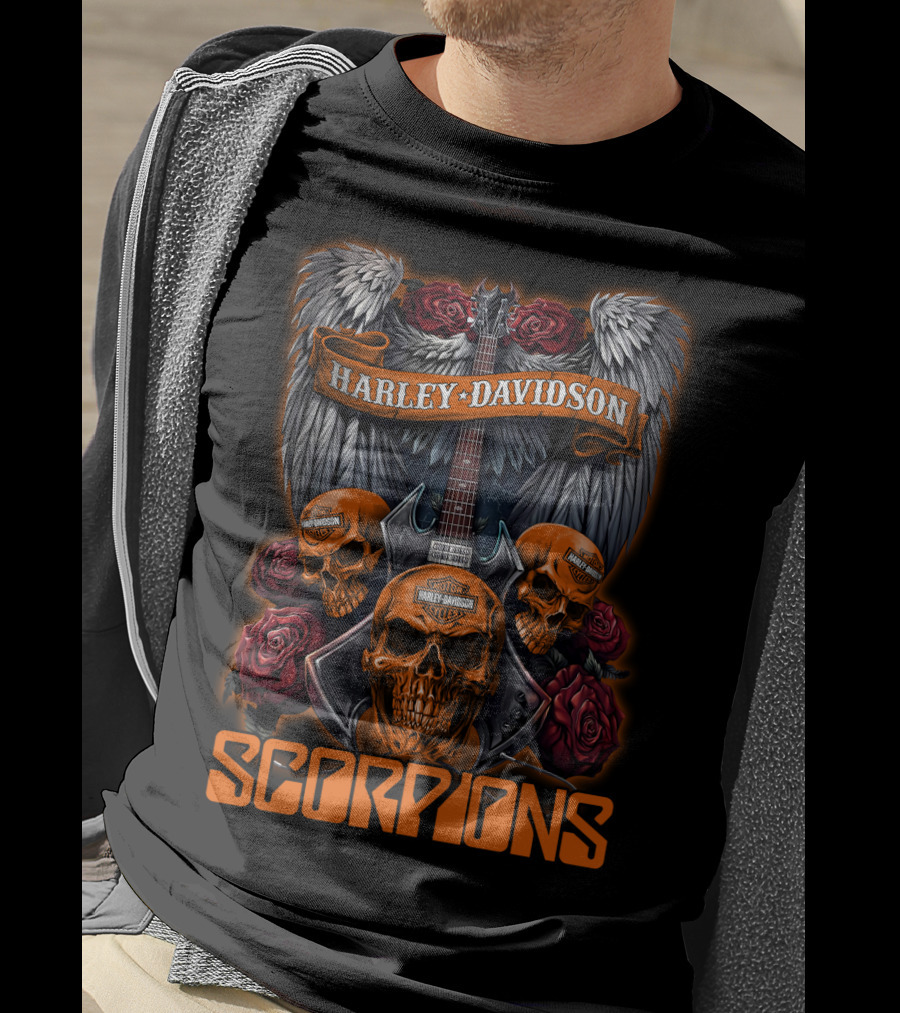 Scorpions Harley Davidson Skull Wings Roses T-Shirt