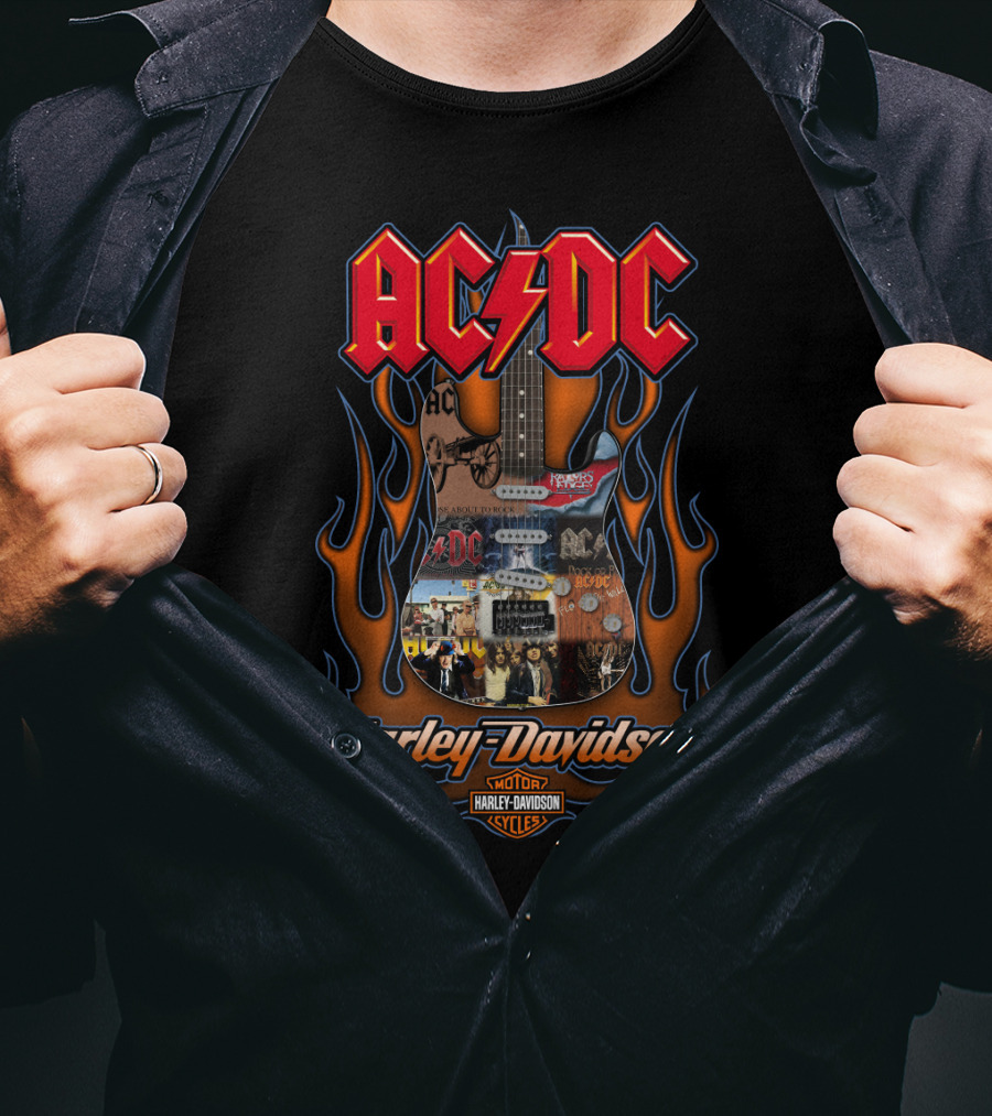 Ac/Dc Harley Davidson Guitar Flames Motor Cycles 50Hd T-Shirt
