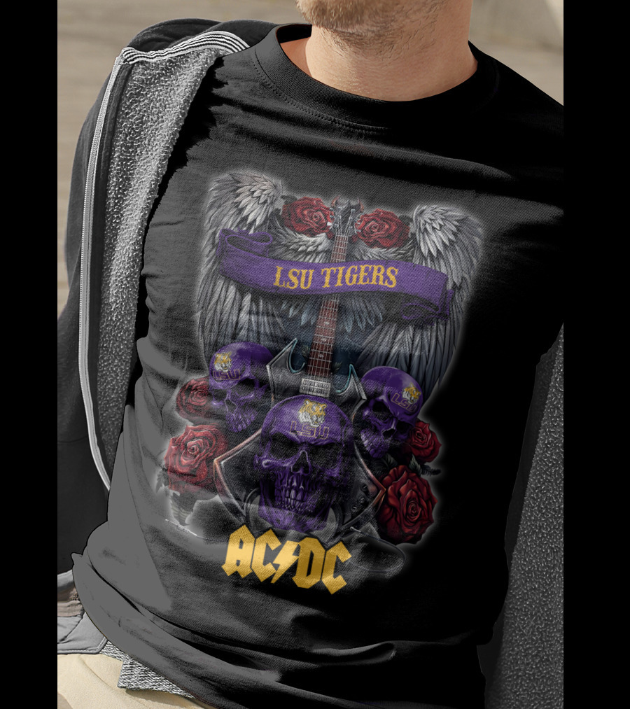 LSU Tigers ACDC Skull Guitar Wings Roses T-Shirt