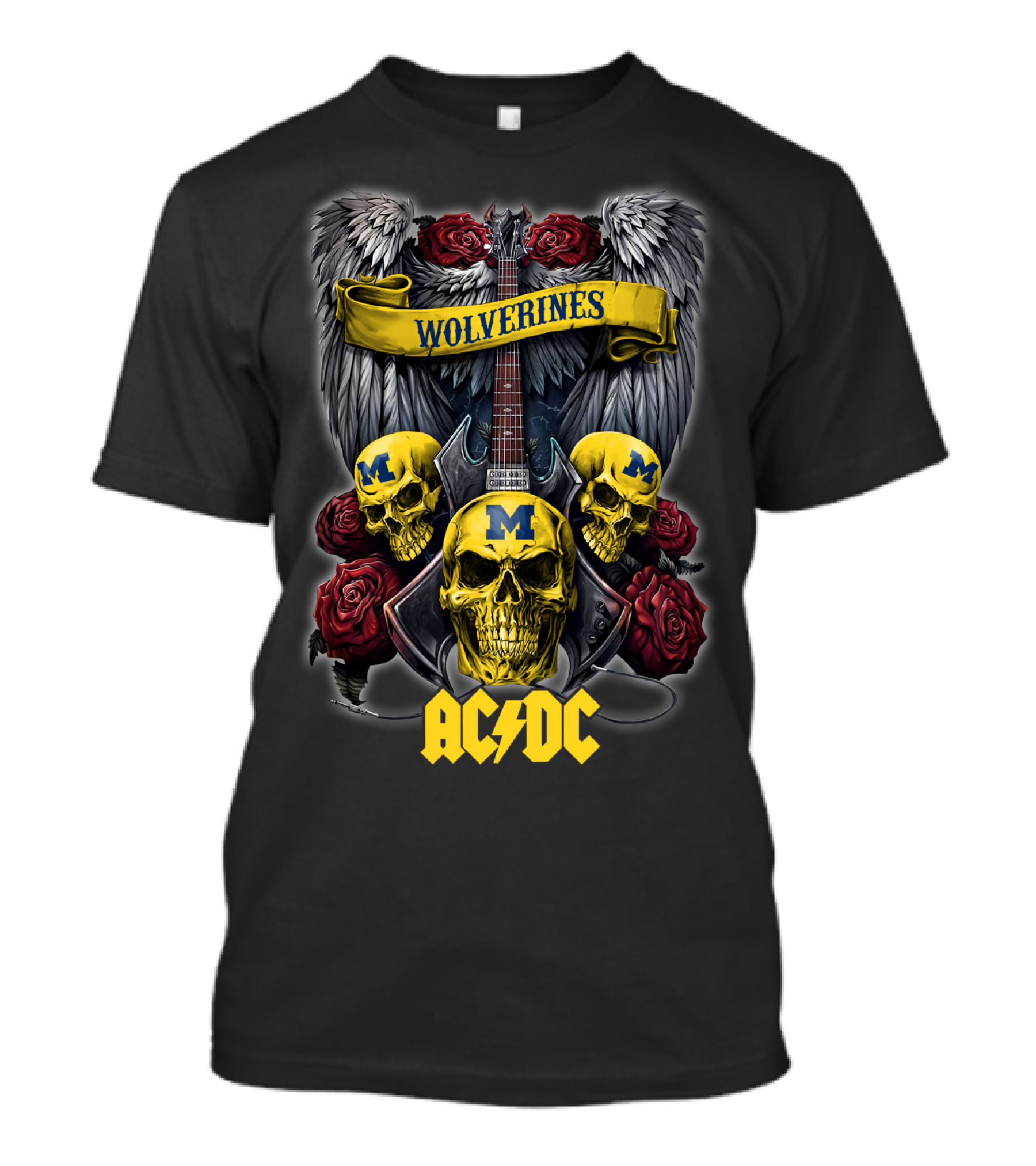 Wolverines Michigan 48 ACDC Skulls And Guitar Wings Roses T-Shirt