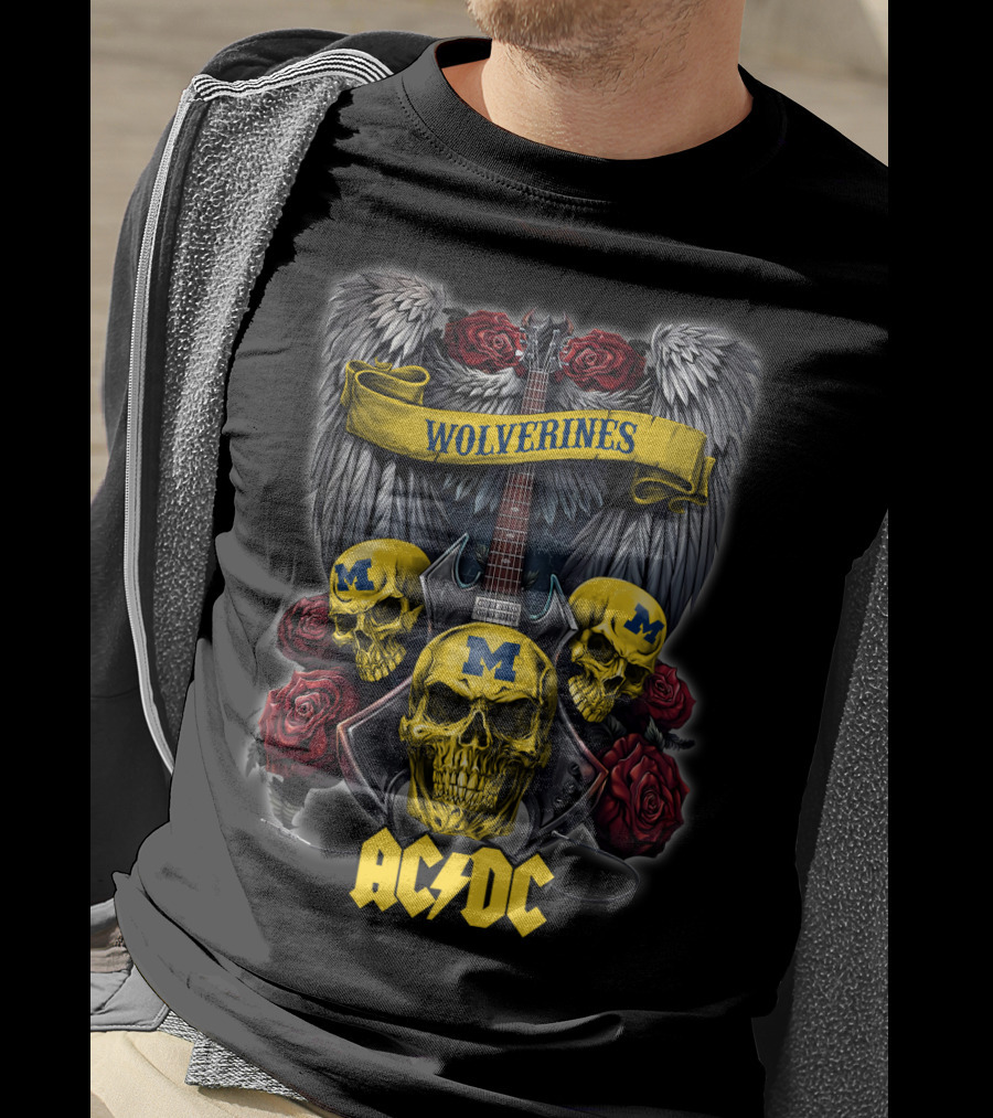 Wolverines Michigan 48 ACDC Skulls And Guitar Wings Roses T-Shirt