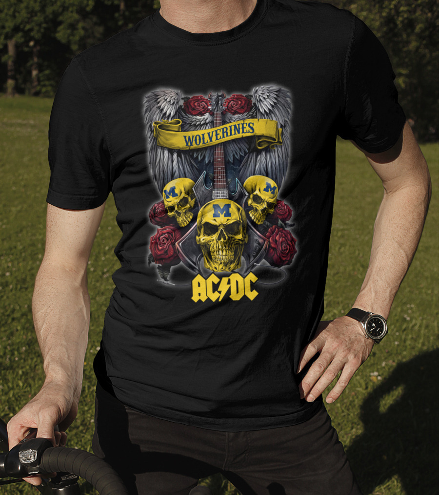 Wolverines Michigan 48 ACDC Skulls And Guitar Wings Roses T-Shirt