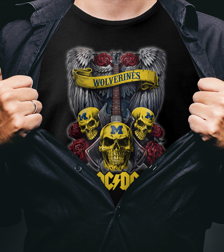 Wolverines Michigan 48 ACDC Skulls And Guitar Wings Roses T-Shirt