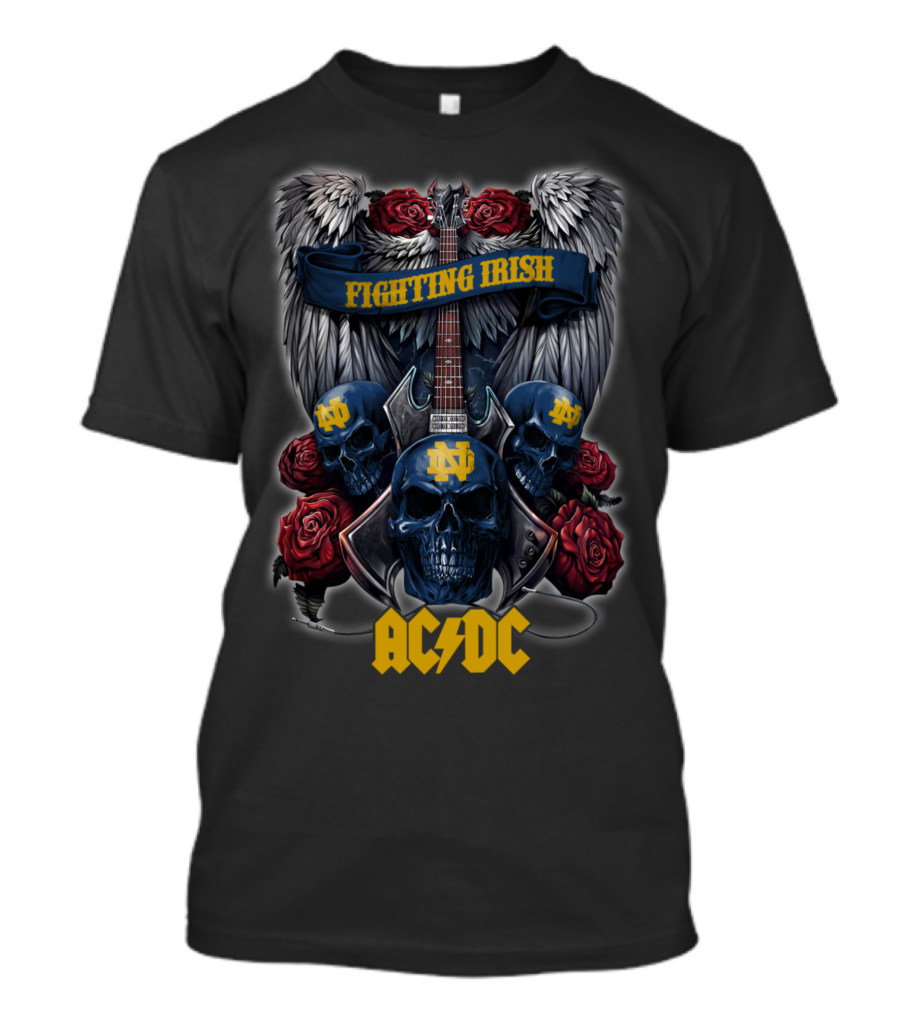 Notre Dame Fighting Irish ACDC Skull Guitar Wings Roses T-Shirt