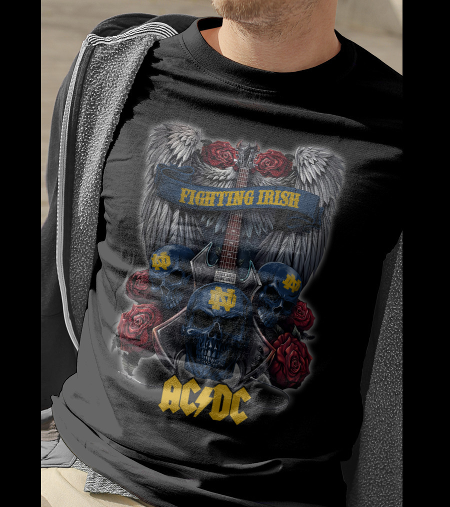 Notre Dame Fighting Irish ACDC Skull Guitar Wings Roses T-Shirt