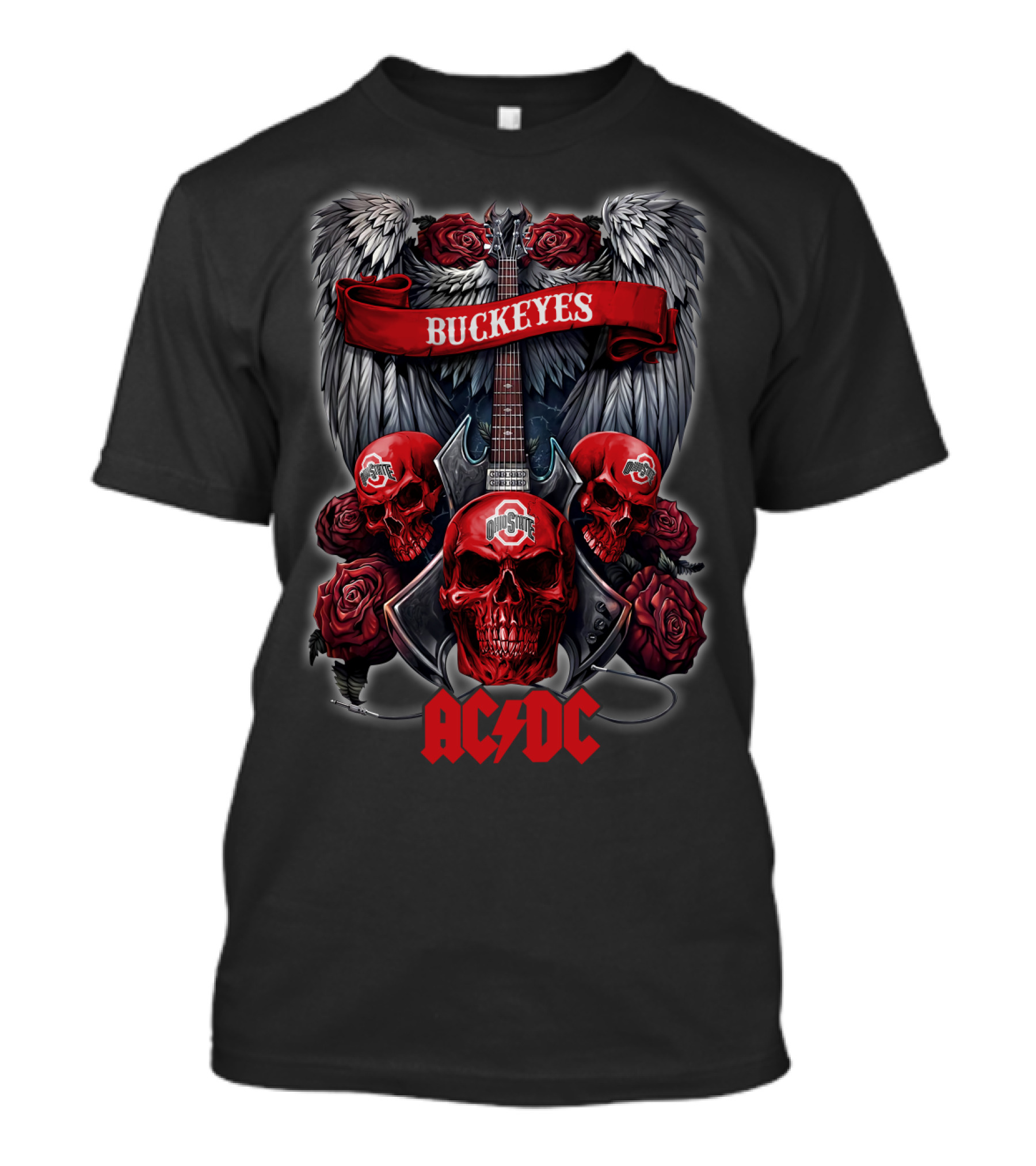 Ohio State Buckeyes ACDC Skull Wings Roses Guitar T-Shirt