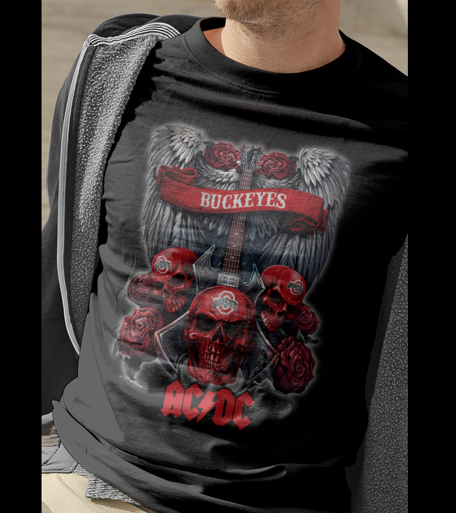 Ohio State Buckeyes ACDC Skull Wings Roses Guitar T-Shirt