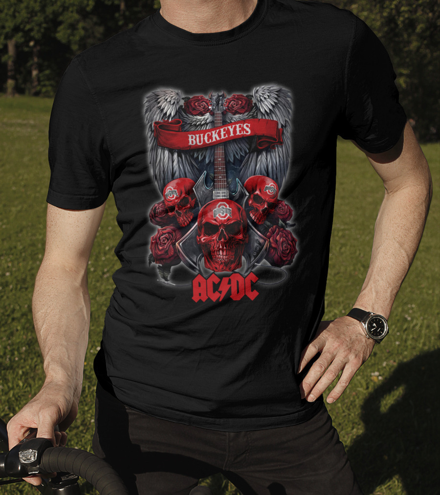 Ohio State Buckeyes ACDC Skull Wings Roses Guitar T-Shirt