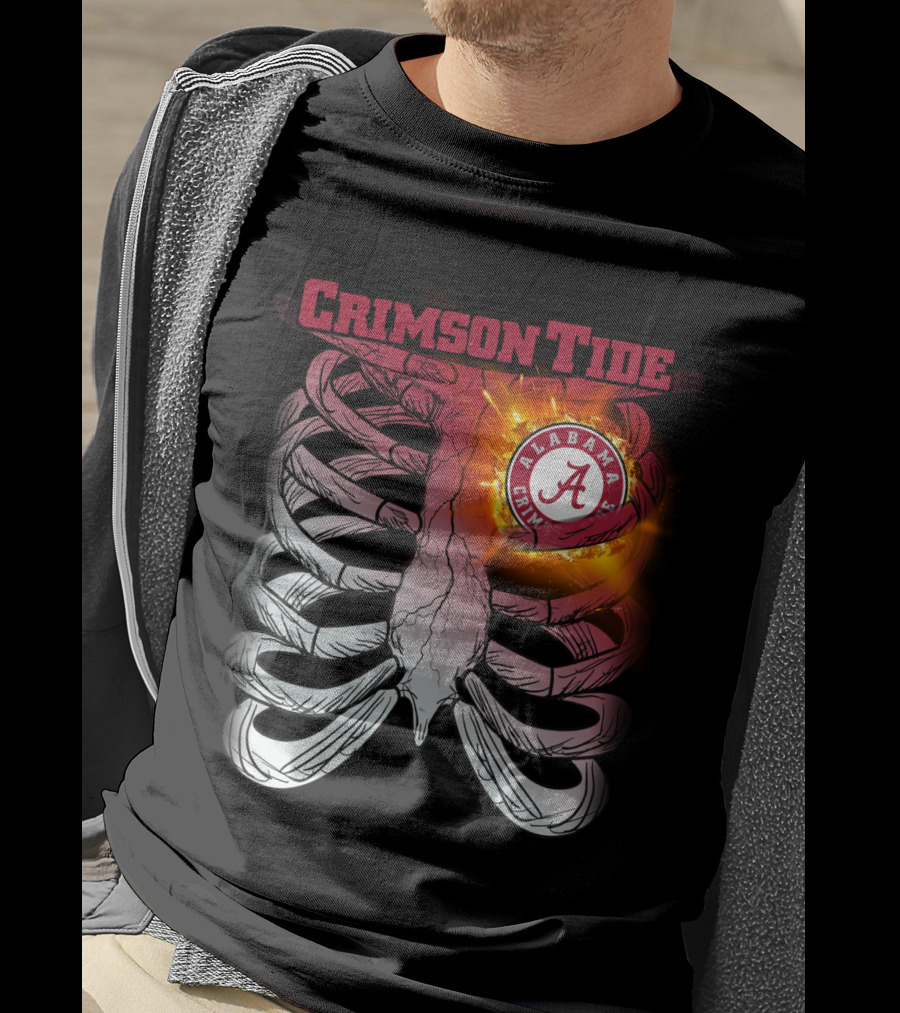 Alabama Crimson Tide A Logo Flaming Heart Inside Ribcage T-Shirt