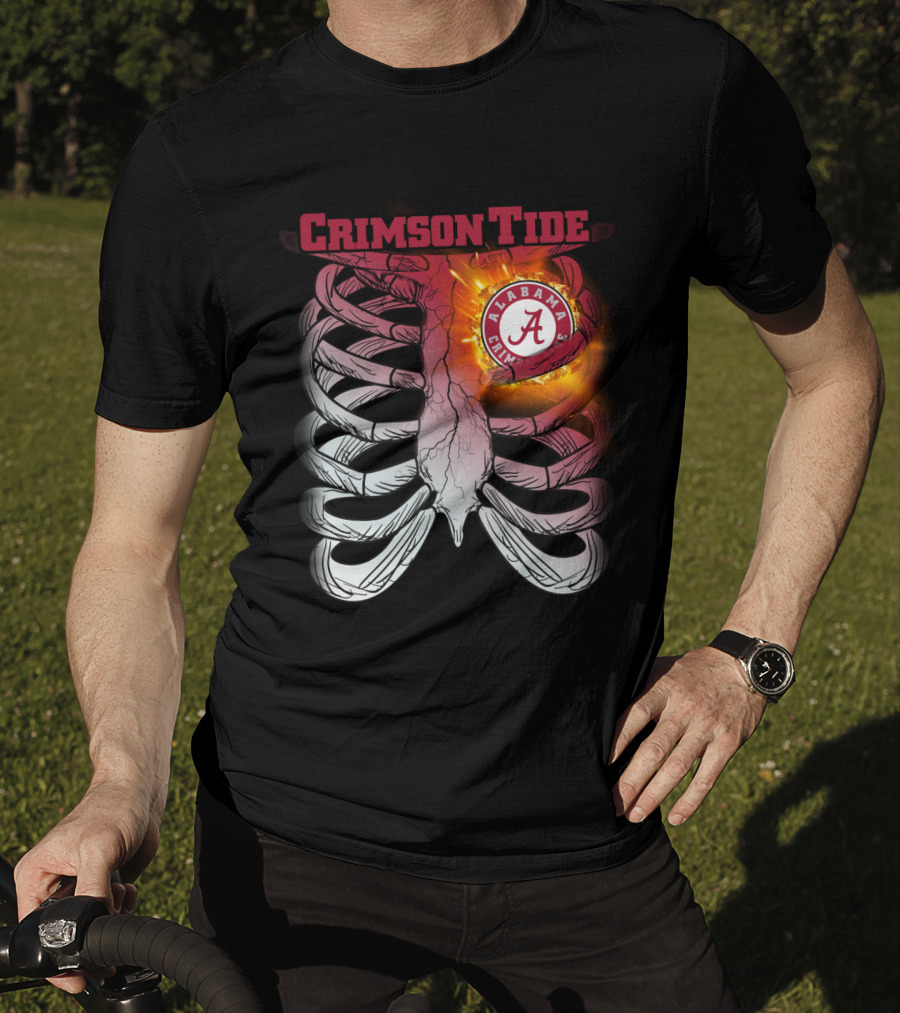 Alabama Crimson Tide A Logo Flaming Heart Inside Ribcage T-Shirt
