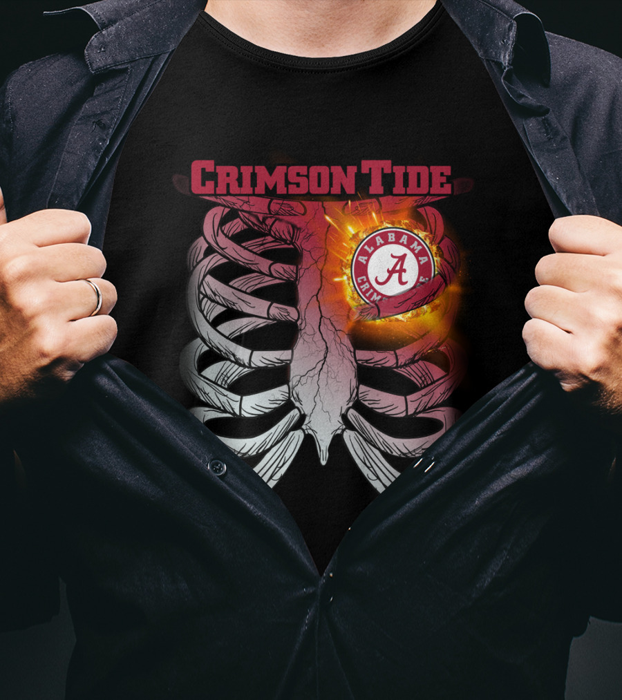 Alabama Crimson Tide A Logo Flaming Heart Inside Ribcage T-Shirt