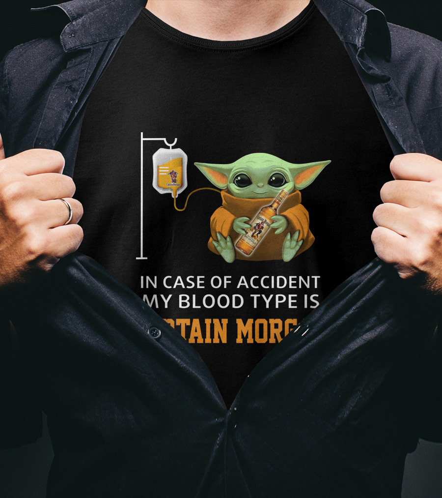 In Case Of Accident My Blood Type Is Captain Morgan Baby Yoda Holding Bottle T-Shirt