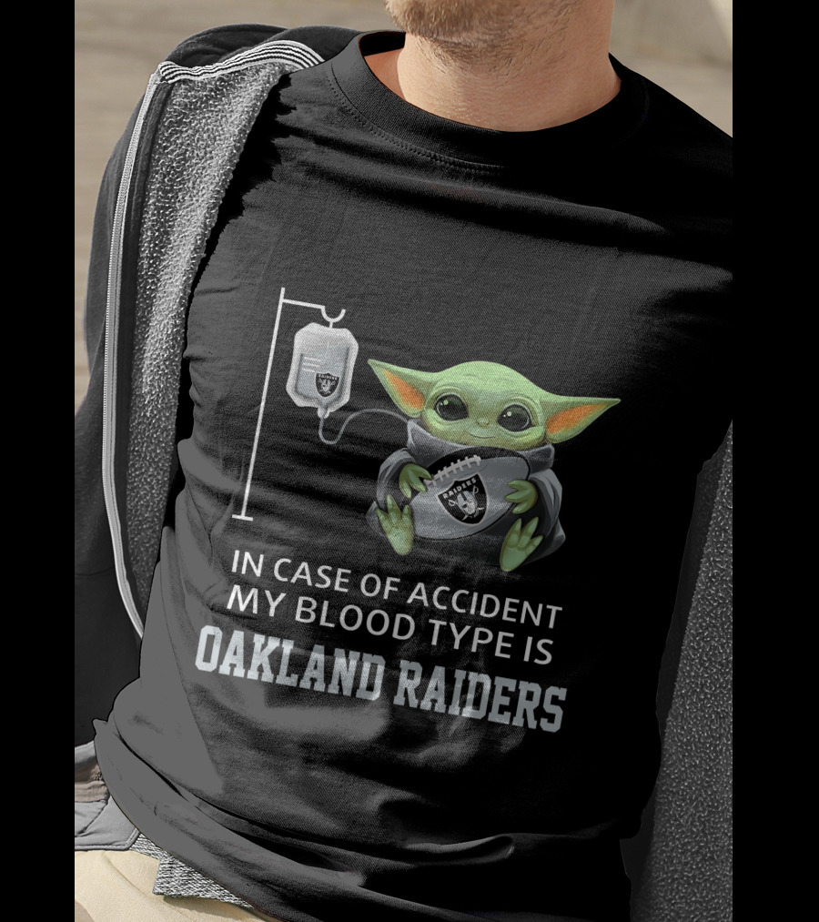 In Case Of Accident My Blood Type Is Oakland Raiders Baby Yoda Grogu T-Shirt