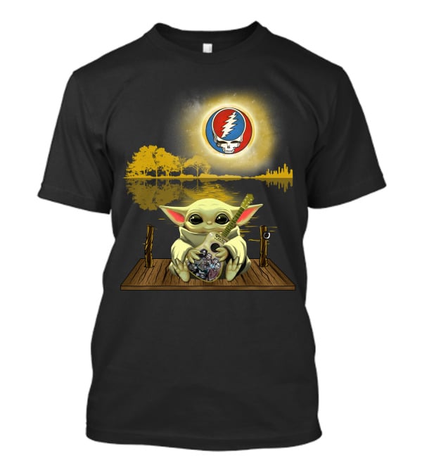 Grateful Dead Lightning Skull With Baby Yoda Playing Guitar On Dock And Sunset T-Shirt