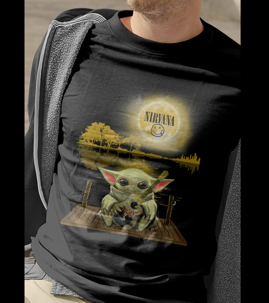 Nirvana Baby Yoda Playing Guitar Under Smiley Face Moon T-Shirt
