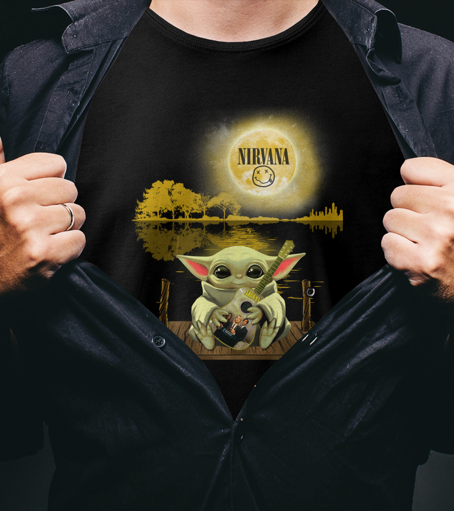 Nirvana Baby Yoda Playing Guitar Under Smiley Face Moon T-Shirt