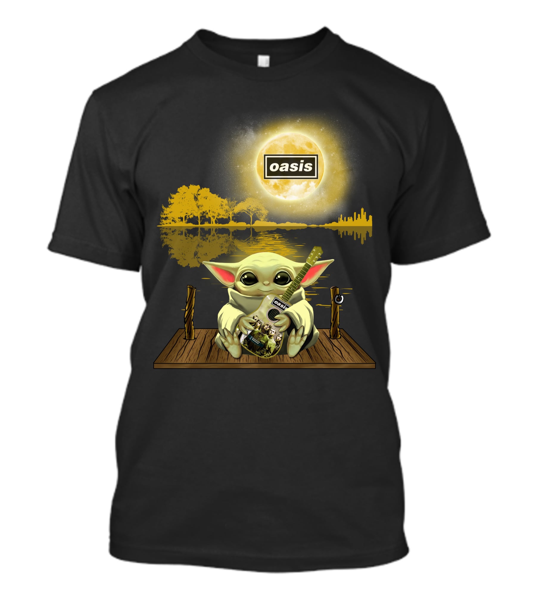 Oasis Moon And Baby Yoda With Guitar On Dock T-Shirt