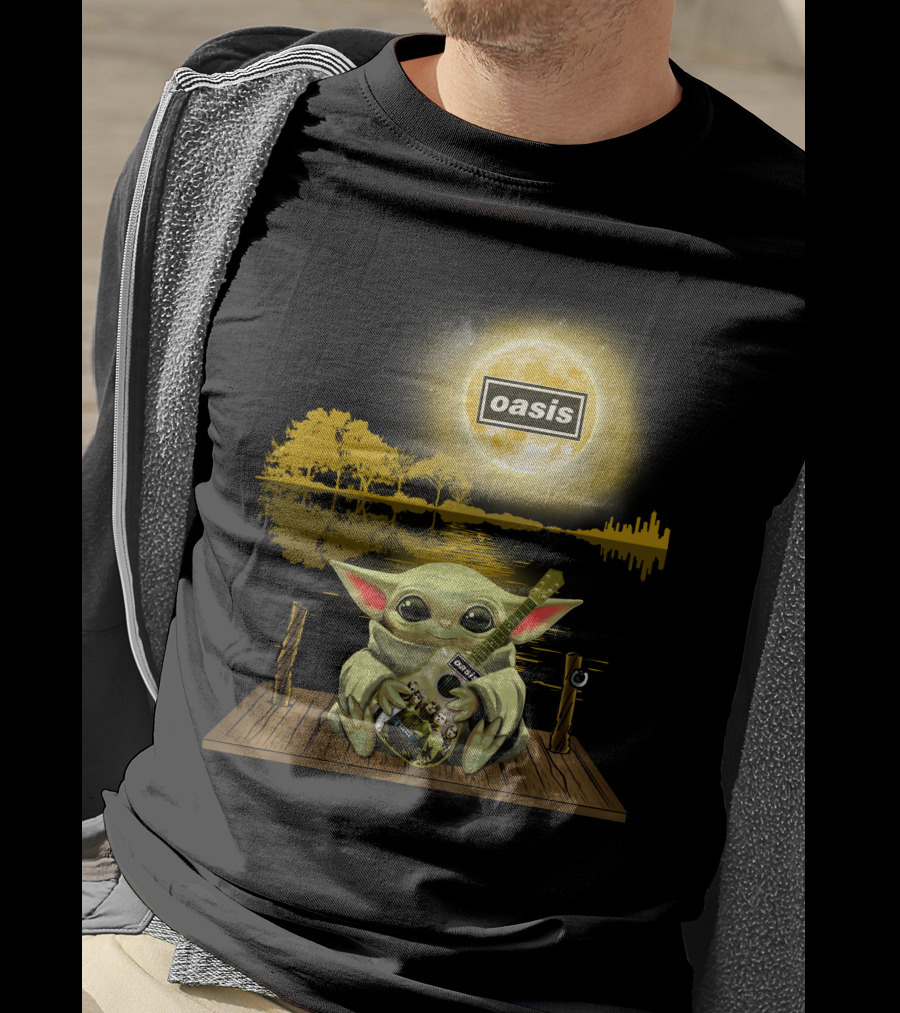 Oasis Moon And Baby Yoda With Guitar On Dock T-Shirt
