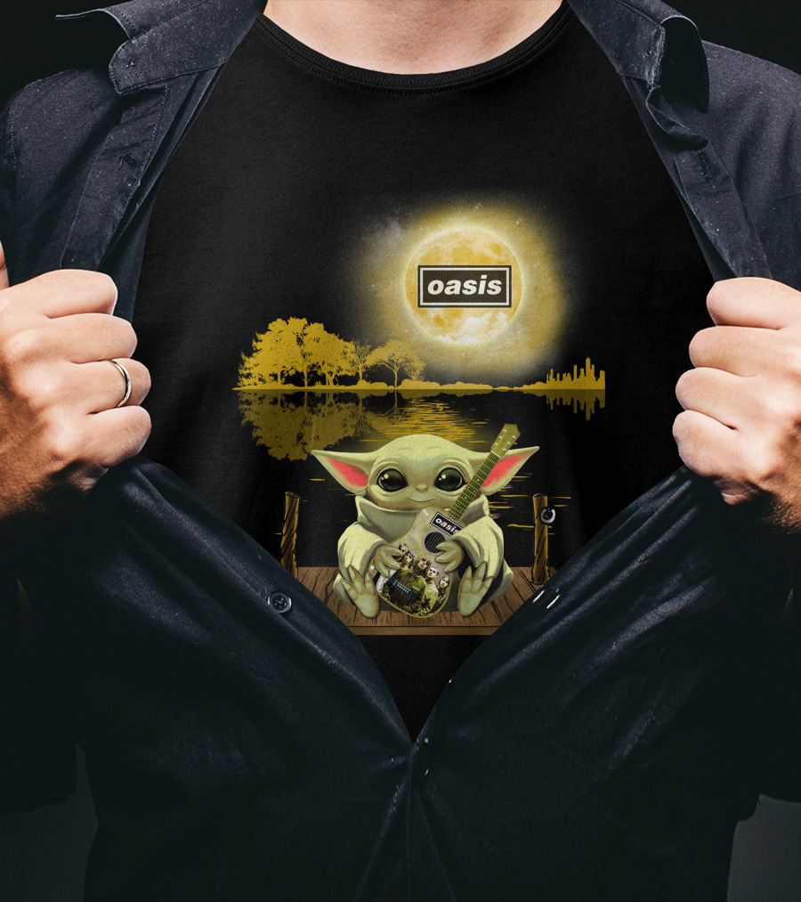 Oasis Moon And Baby Yoda With Guitar On Dock T-Shirt