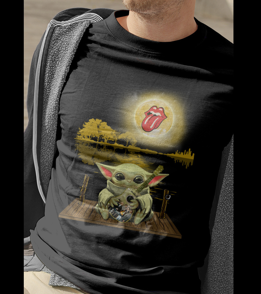 The Rolling Stones Tongue Logo And Baby Yoda With Guitar Under Moonlit Sky Trees And Lake Reflection T-Shirt