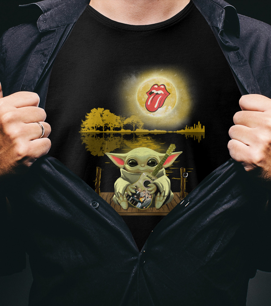 The Rolling Stones Tongue Logo And Baby Yoda With Guitar Under Moonlit Sky Trees And Lake Reflection T-Shirt