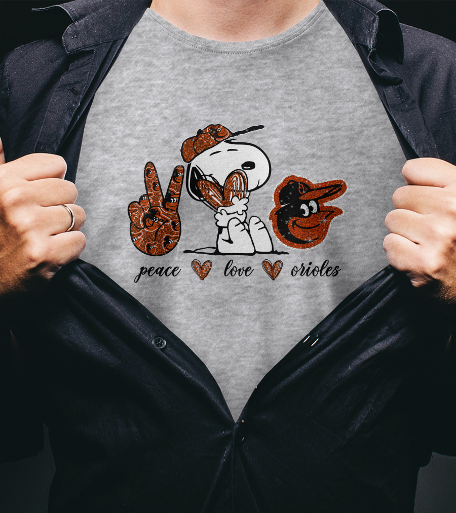 Peace Love Orioles Snoopy Style Baltimore Orioles T-Shirt